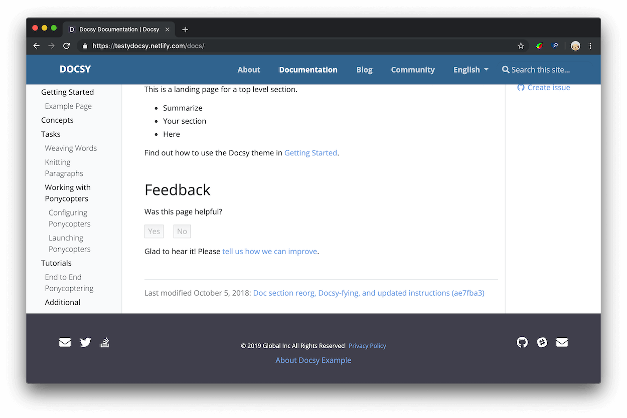 After clicking &lsquo;Yes&rsquo; the widget responds with &lsquo;Glad to hear it!             Please tell us how we can improve.&rsquo; and the second sentence is a link which,             when clicked, opens GitHub and lets the user create an issue on the             documentation repository.