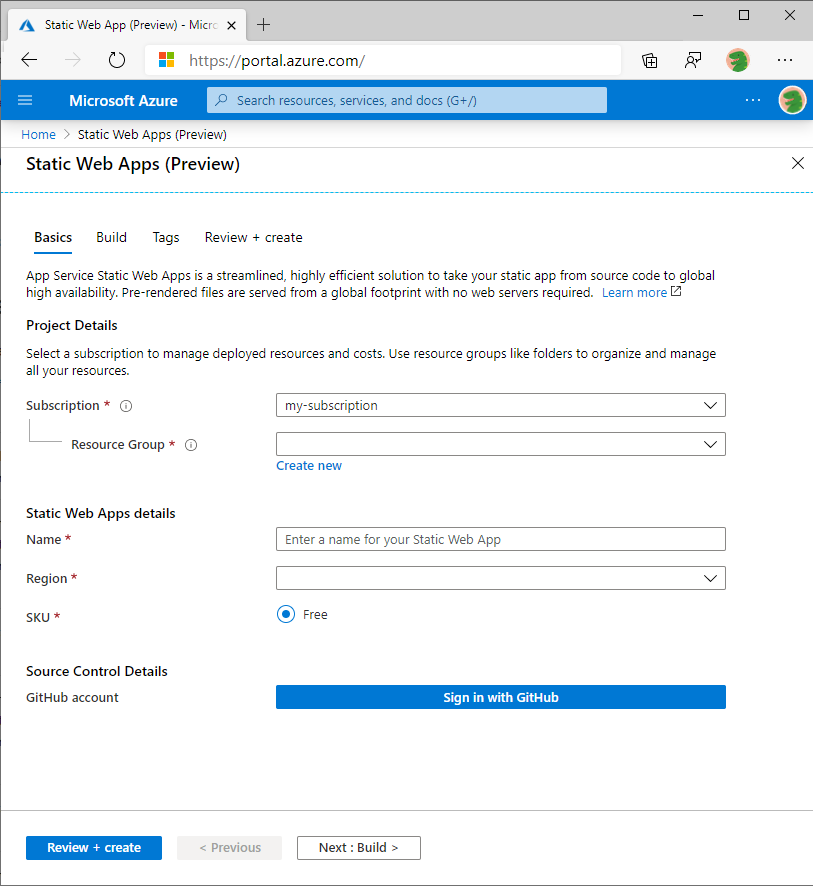 Create in Azure Portal