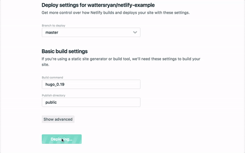 Animated gif of deploying a site to Netlify, including the terminal read out for the build.