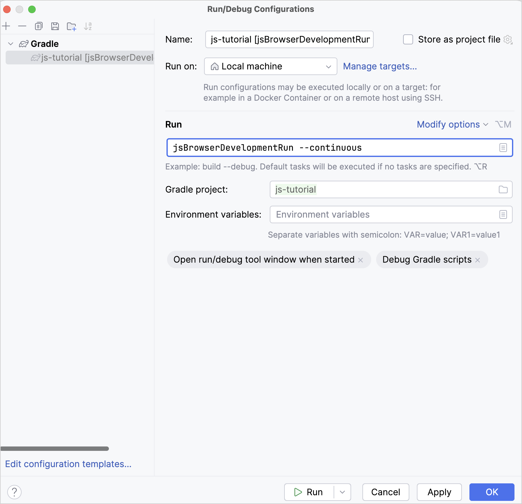 在 IntelliJ IDEA 中为运行配置添加 continuous 标志
