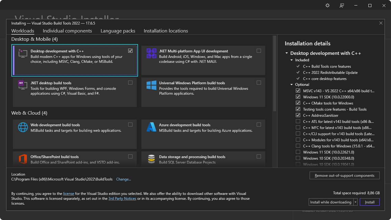 Visual Studio C++ 生成工具安装程序截图