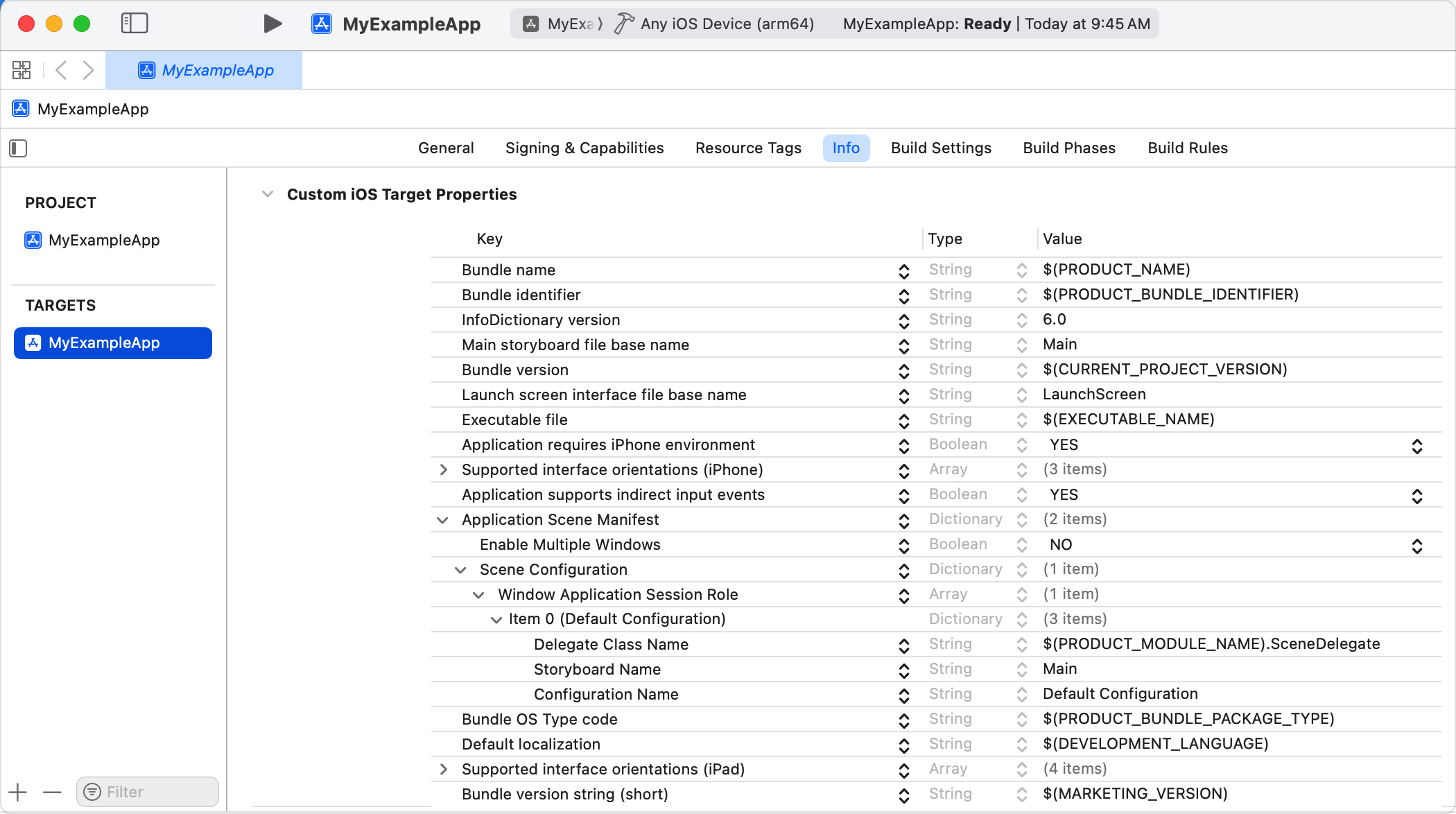 Xcode 中 Info.plist 文件的截图，所有键都已展开。