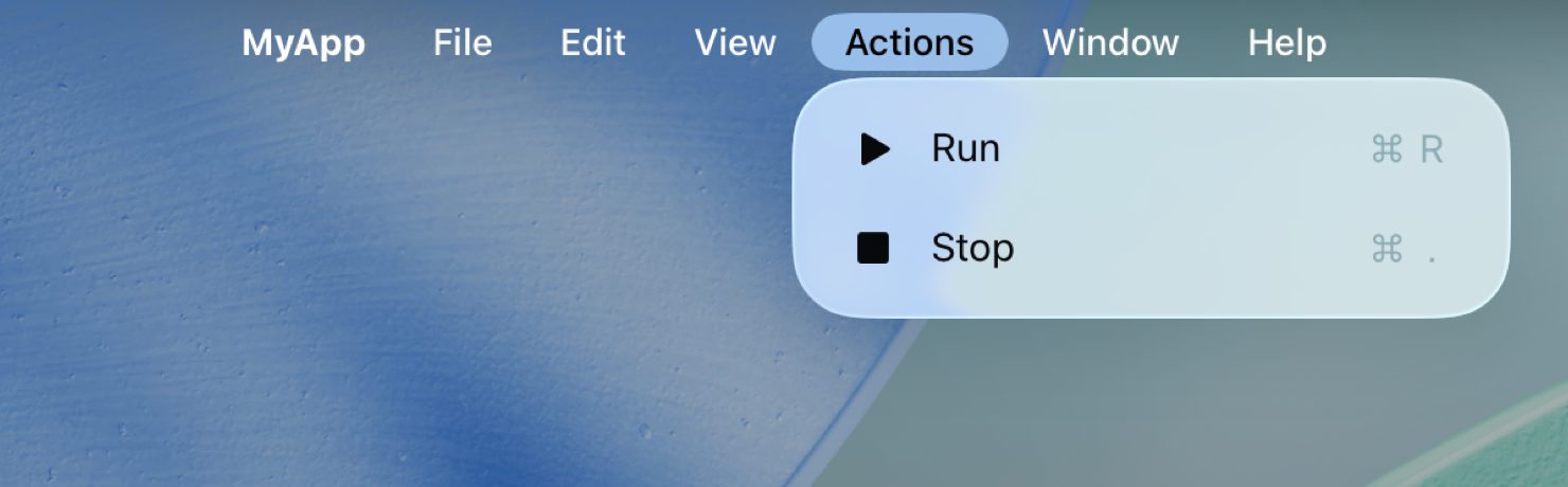 iPadOS 上 MyApp 的菜单栏。Actions 菜单已打开，菜单项有 Run 和 Stop。Actions 菜单及其菜单项是使用内含两个按钮的 CommandMenu 添加的。