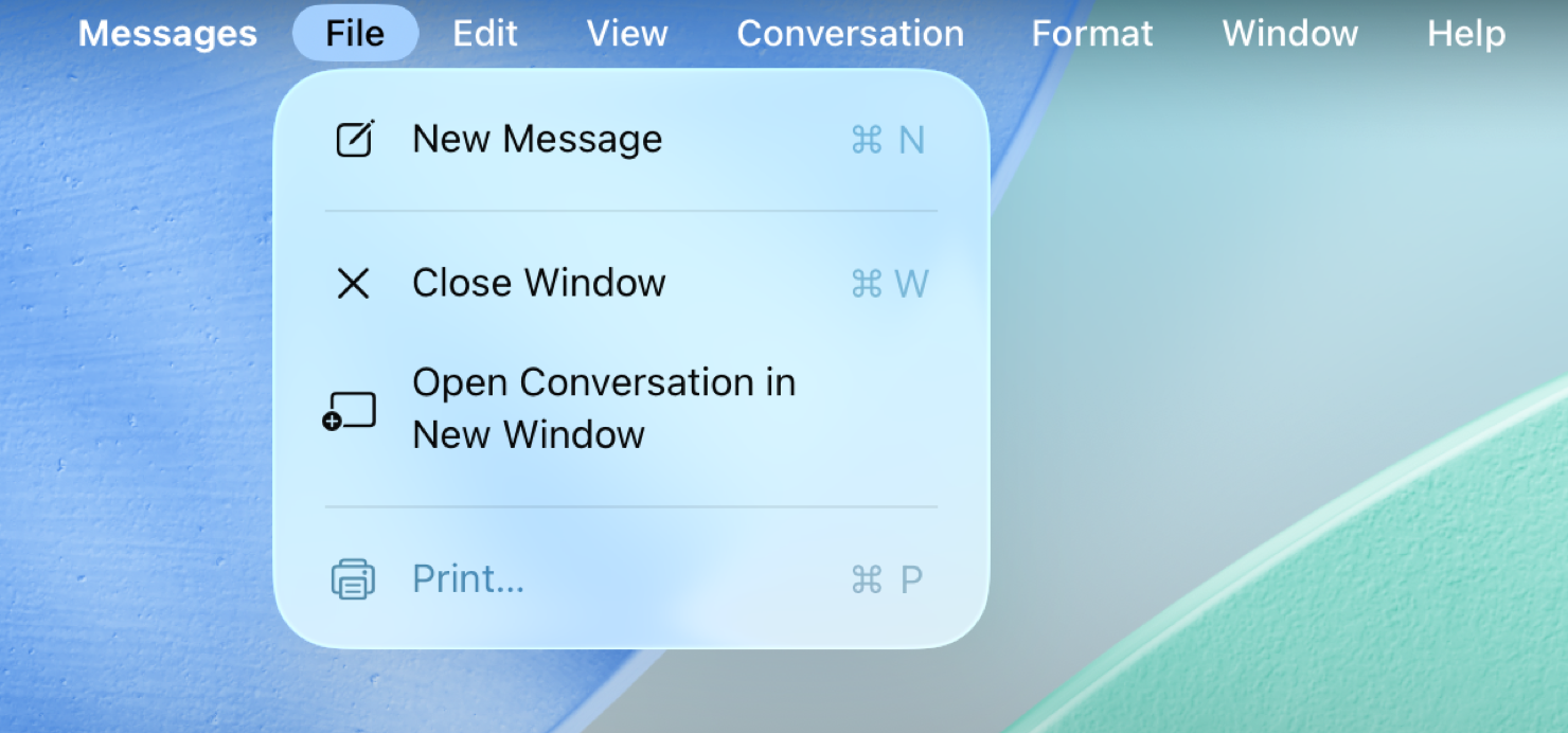 iPadOS 上 Messages 的菜单栏。File 菜单已打开，其中可用的菜单项有 New Message、Close Window 和 Open Conversation in New Window。