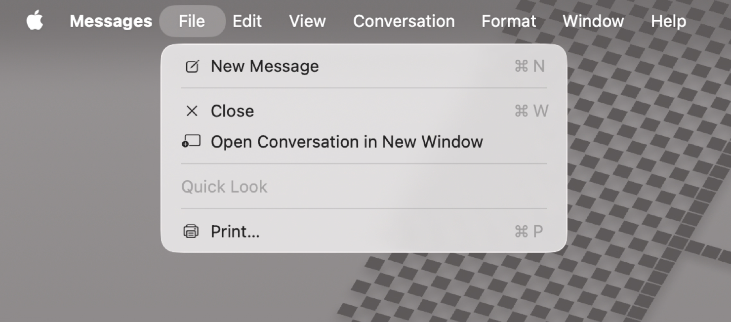macOS 上 Messages 的菜单栏。File 菜单已打开，其中可用的菜单项有 New Message、Close、Open Conversation in New Window 和 Print。