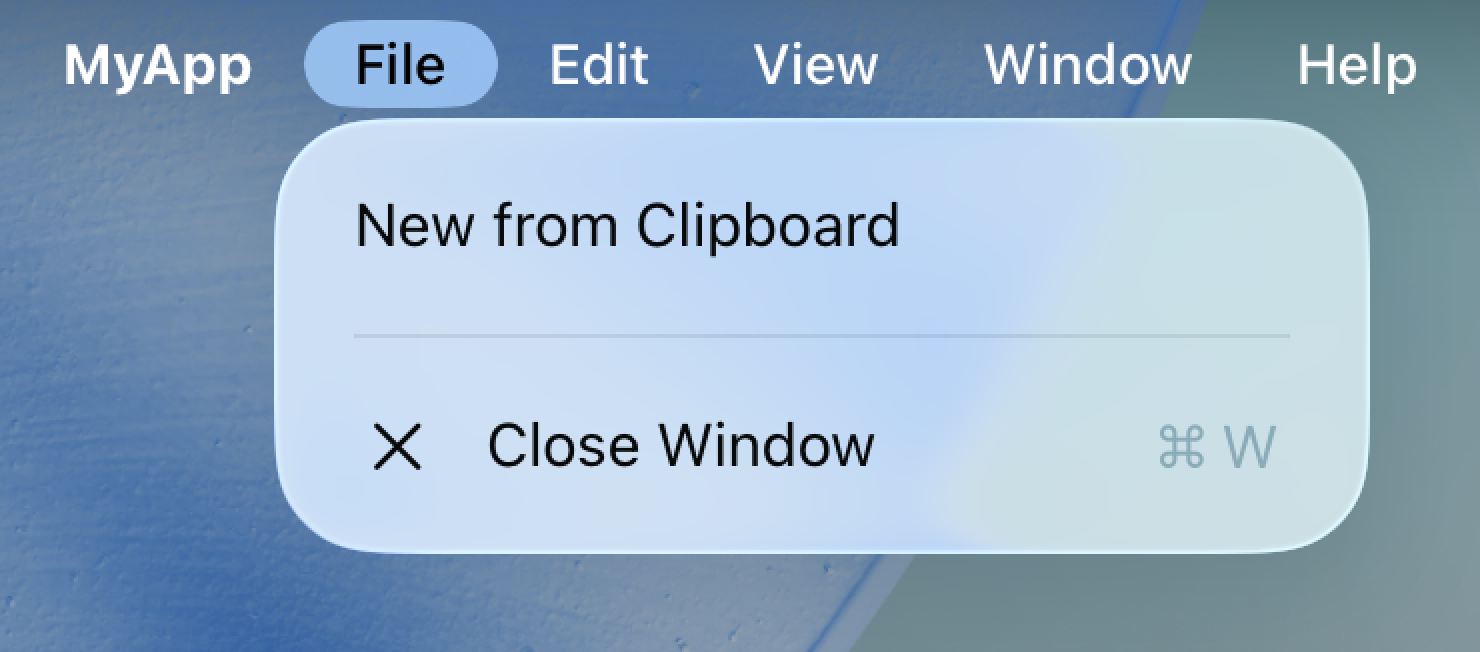 iPadOS 上 MyApp 的菜单栏。File 菜单已打开，菜单项有 New from Clipboard 和 Close Window。New from Clipboard 菜单项是使用 CommandGroup 添加的。