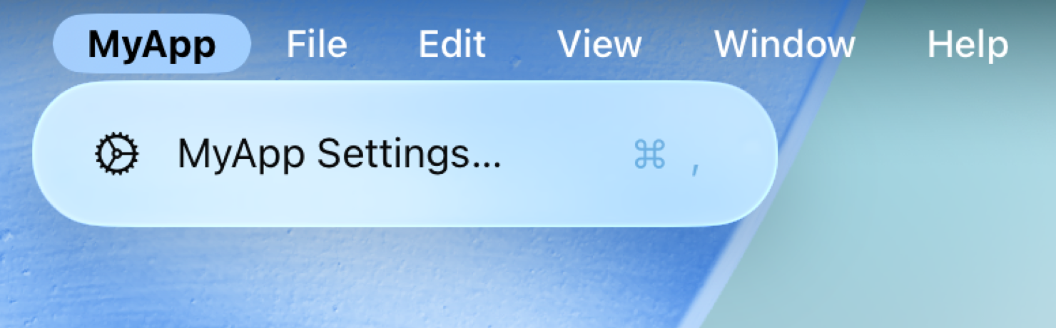 iPadOS 上 MyApp 的菜单栏。MyApp 菜单已打开，其中可用的菜单项有 MyApp Settings。