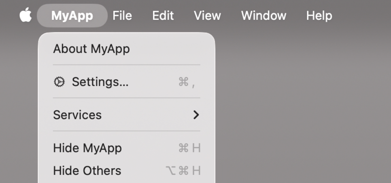macOS 上 MyApp 的菜单栏。MyApp 菜单已打开，其中可用的菜单项有 About MyApp、Settings、Services 子菜单、Hide MyApp 和 Hide Others。Settings 菜单项是使用 Settings 场景添加的。