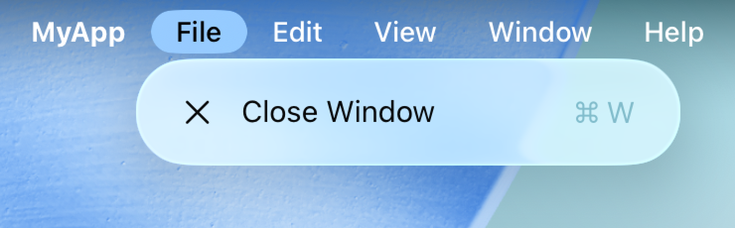 iPadOS 上 MyApp 的菜单栏。File 菜单已打开，其中可用的菜单项有 Close Window。