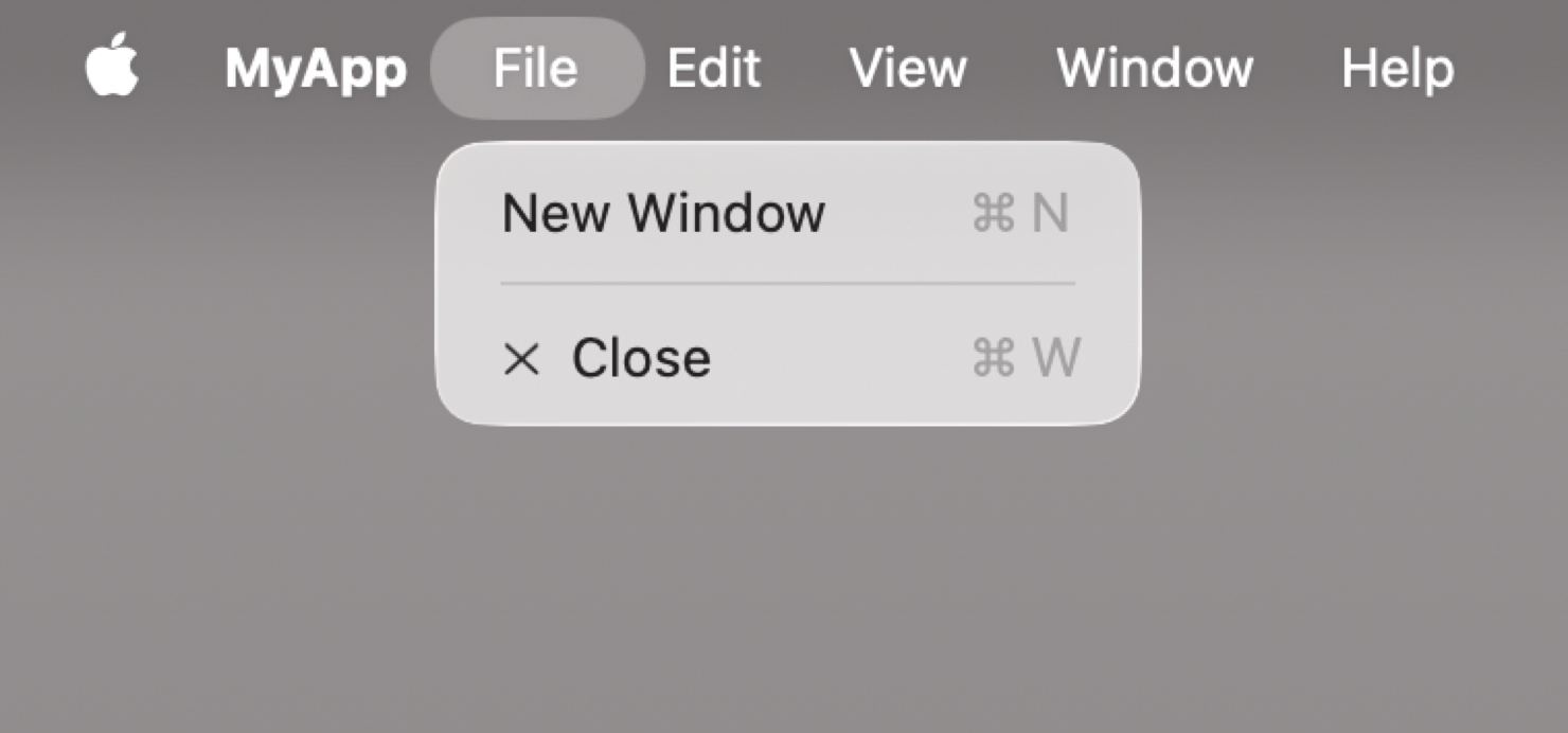 macOS 上 MyApp 的菜单栏。File 菜单已打开，其中可用的菜单项有 New Window 和 Close。