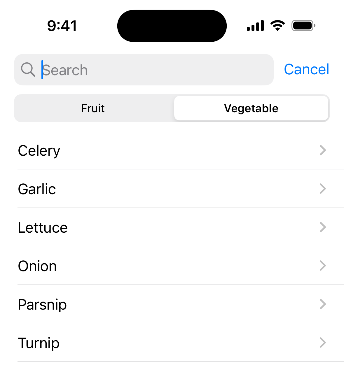 iOS 屏幕的一部分，显示一个占位文本为 Search 的搜索框。搜索框下方出现一个选择器，有两个选项 Fruit 和 Vegetable，当前选中 Vegetable。选择器下方显示一列蔬菜。