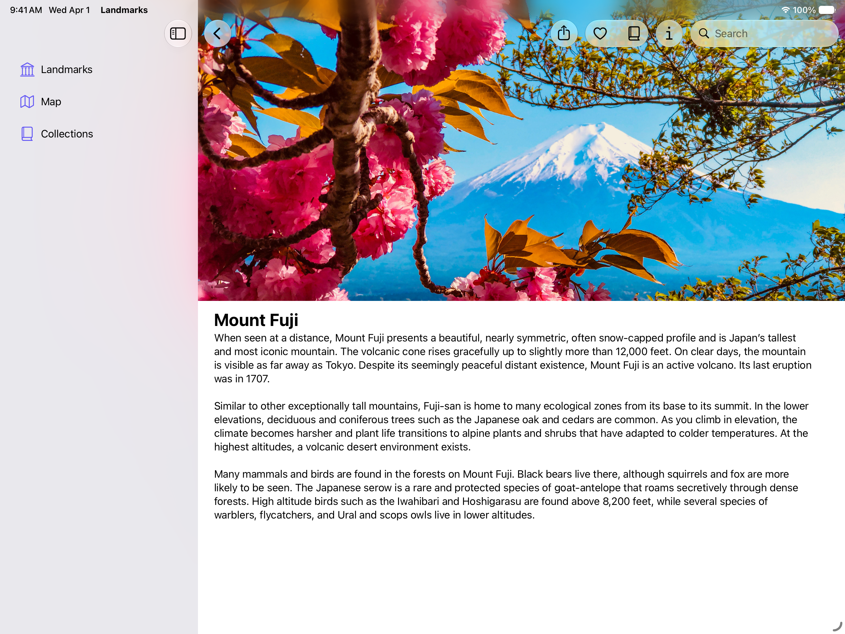 Landmarks 应用中富士山景点详情视图在 iPad 上的图像，侧边栏可见。