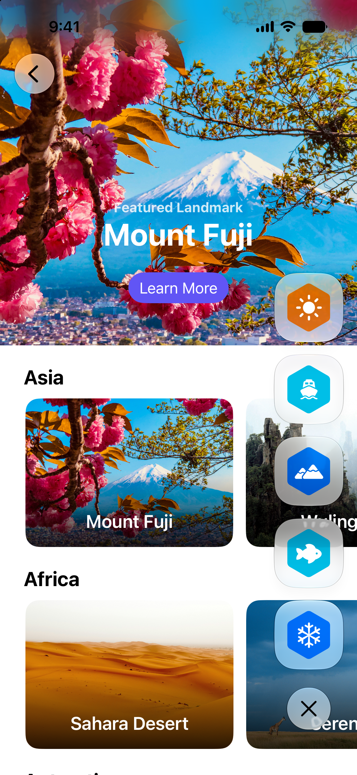 iPhone 上景点视图的图像，徽章视图显示在部分景点之上。