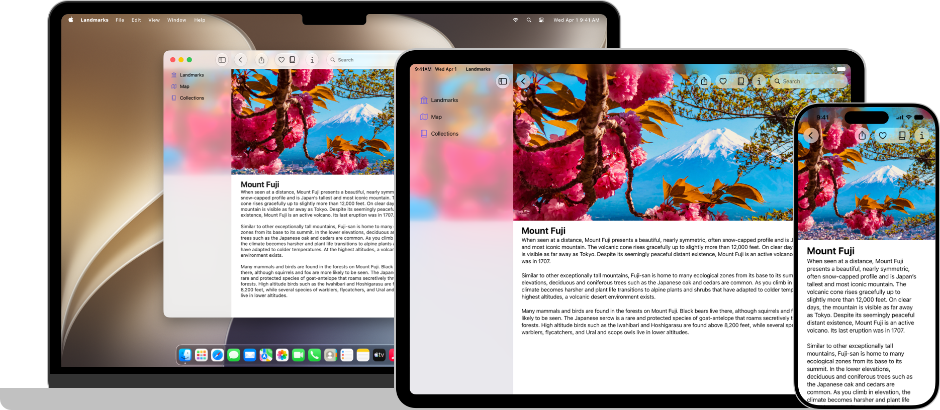 Mac、iPad 和 iPhone 上 Landmarks 示例应用显示富士山景点的图像。
