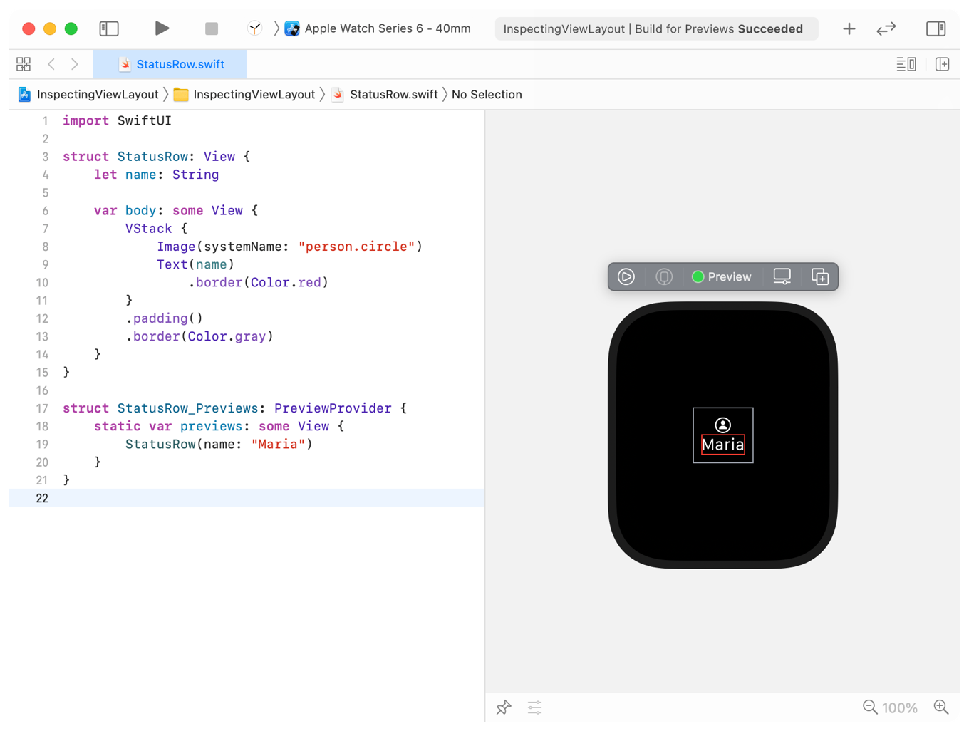Xcode 显示一个分栏视图，左侧是代码编辑器，右侧是对应的 Xcode 预览，显示一个 watchOS 模拟器表盘。代码编辑器内是示例代码，其中对多个视图应用了不同颜色的边框。编辑器中的光标位于代码末尾，没有选中任何代码。在 watchOS 模拟器的表盘中有一个矩形，表示 VStack 的边界。VStack 内部上方是 SF Symbols 中带圆圈的 person 符号，下方是文本 Christina，并有一个不同颜色的边框表示该视图在 VStack 内的边界。视图中的图像和文本水平居中。