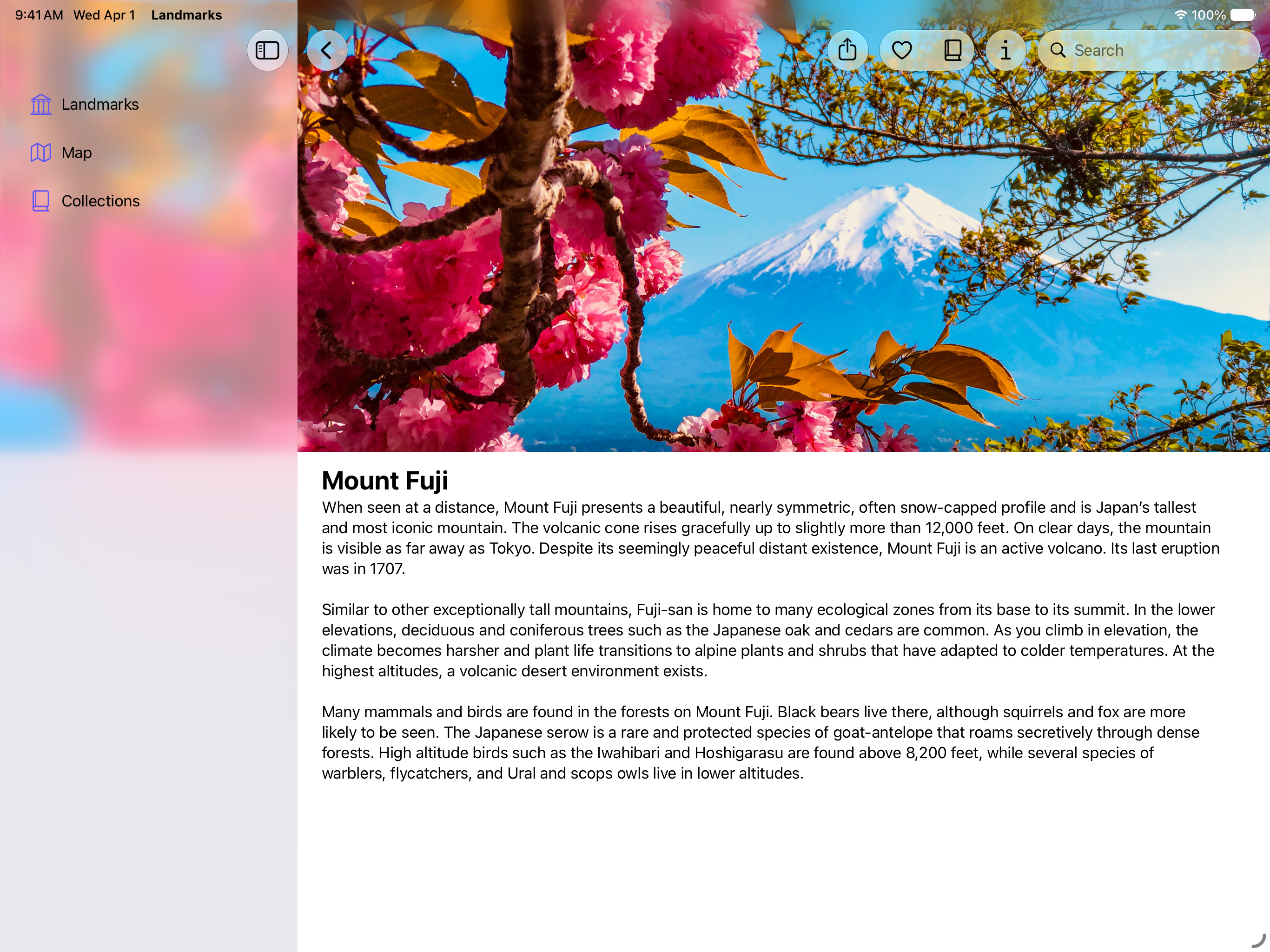 一张 iPad 上 Landmarks 示例代码的图像，横向显示富士山景点。