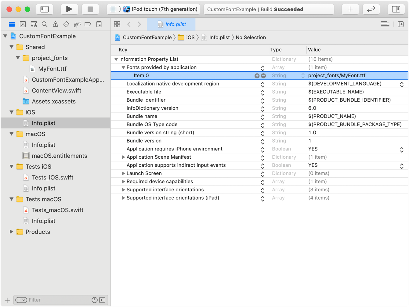 一张 Xcode 截图，显示 Info plist 文件中「应用提供的字体」键是一个数组，其中只包含一项 project_fonts/MyFont.ttf
