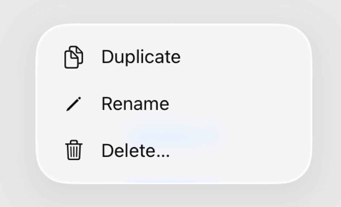 一个显示 Duplicate、Rename 和 Delete 操作的菜单，标签左侧带有系统图像。Duplicate 菜单项用两个重叠的文稿表示。Rename 菜单项用一支铅笔表示。Delete 菜单项用一个废纸篓表示。